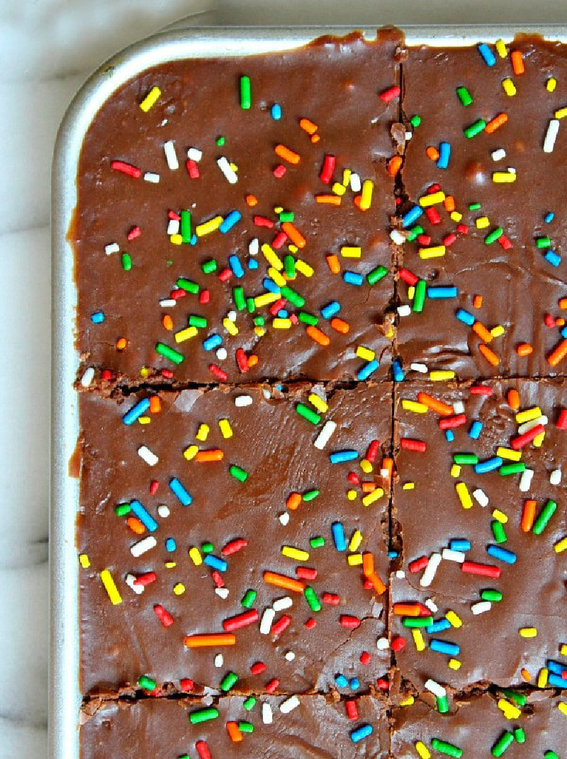 chocolate sheet cake with sprinkles