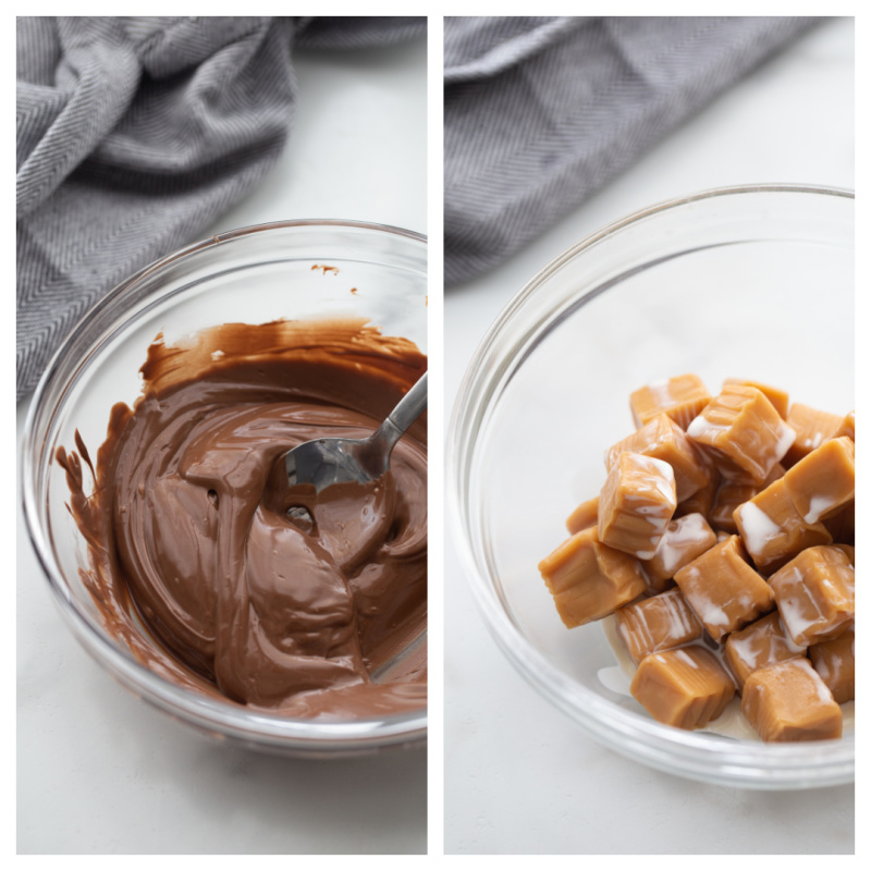 two photos one with melted chocolate and the other with caramels and cream