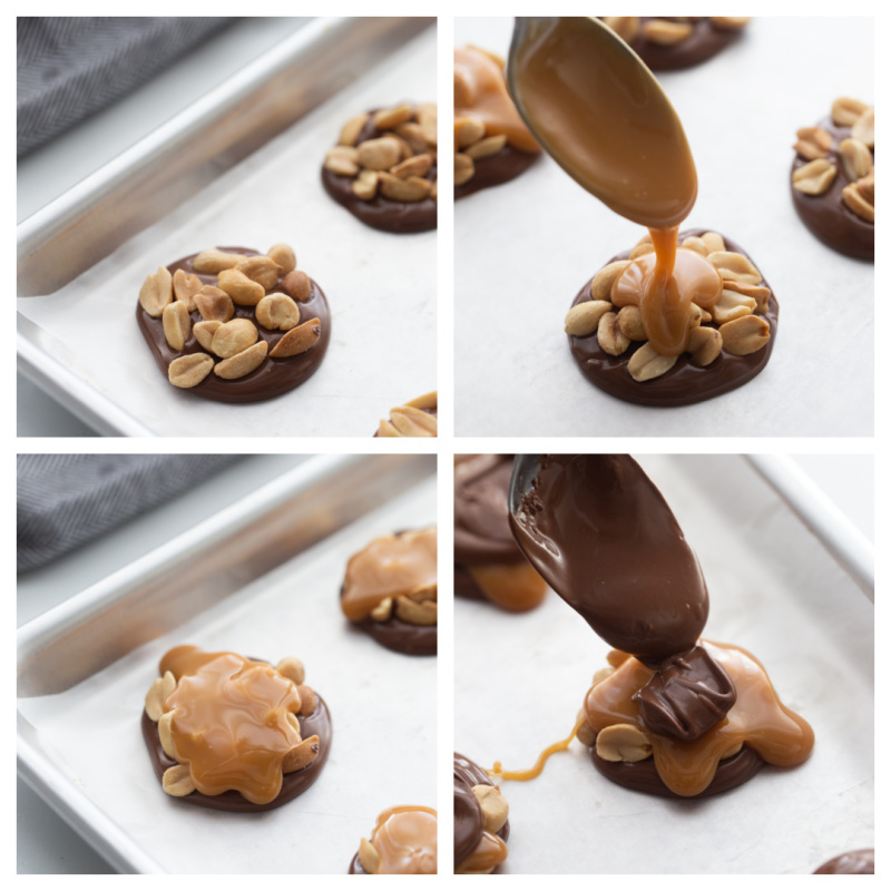 four photos showing process of making peanut clusters