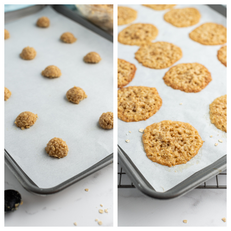 lacy oatmeal cookie dough on baking sheet and baked cookies