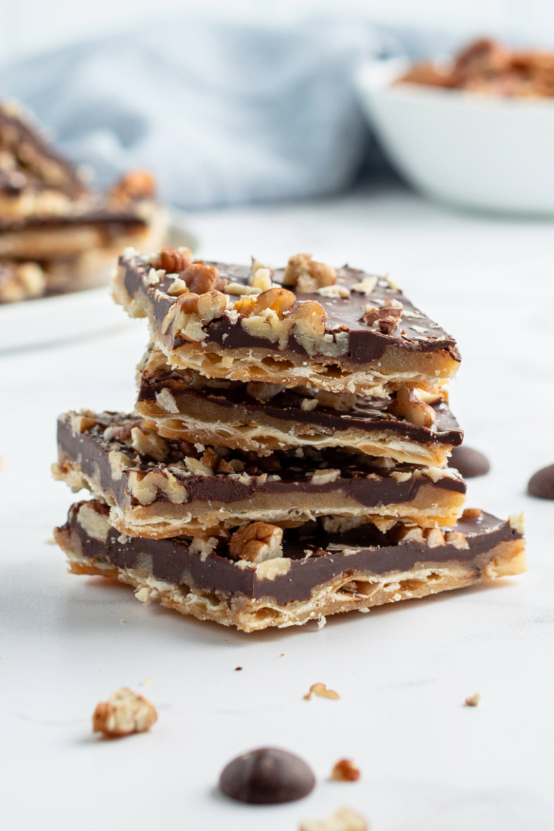 pecan praline chocolate matzoh pieces stacked