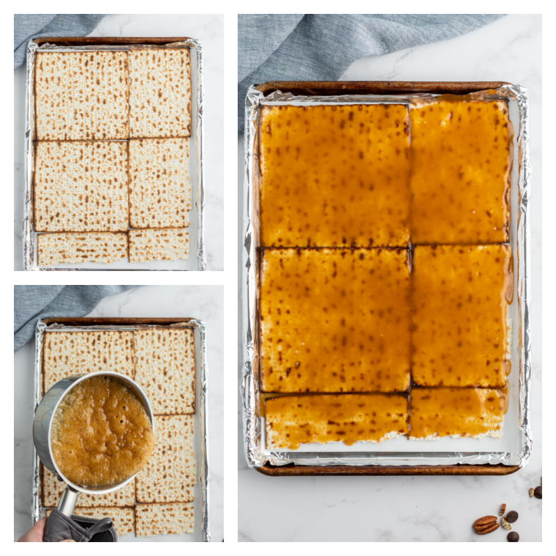 three photos showing matzoh then adding toffee then showing covered in toffee