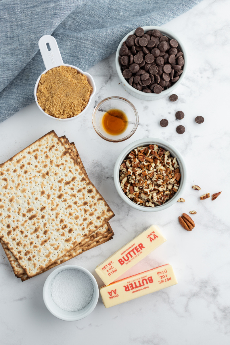 ingredients displayed for pecan praline chocolate matzoh