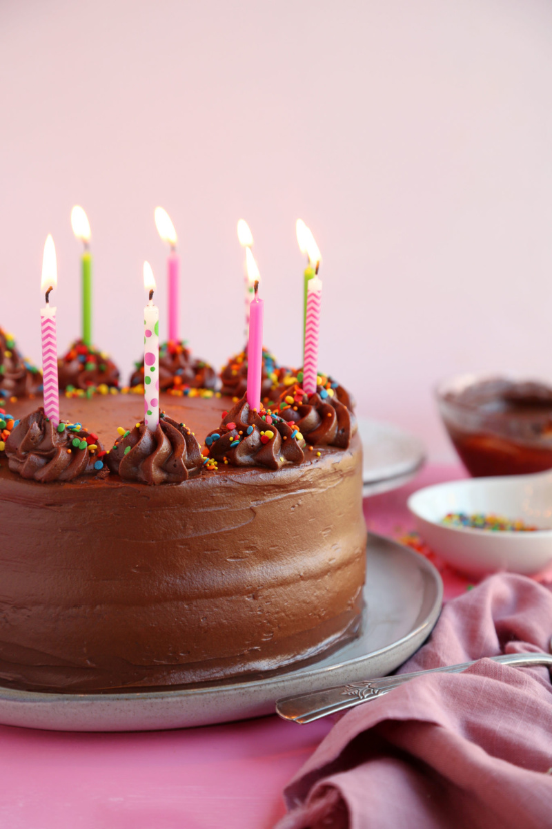 chocolate birthday cake with candles