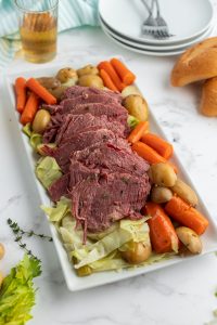 corned beef and cabbage displayed on a platter