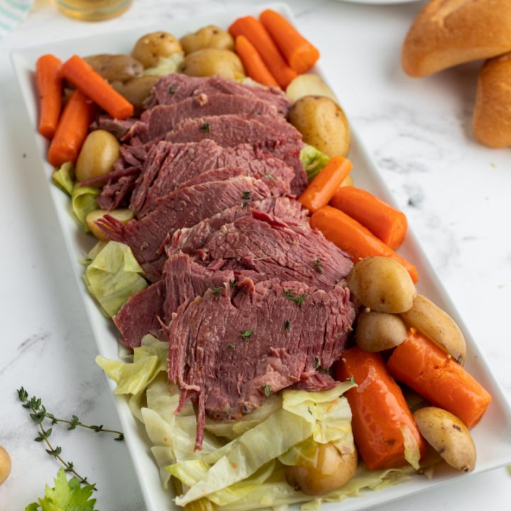 corned beef and cabbage displayed on a platter