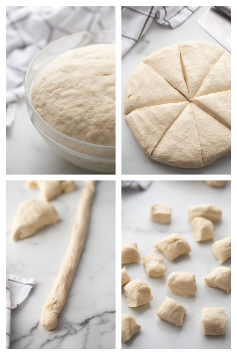 pretzel dough rising, then cut into pieces, then rolled out then cut into bites