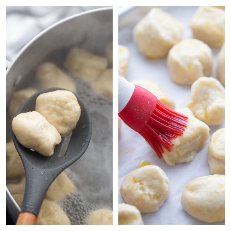 pretzel bites boiling in water and then brushed with butter