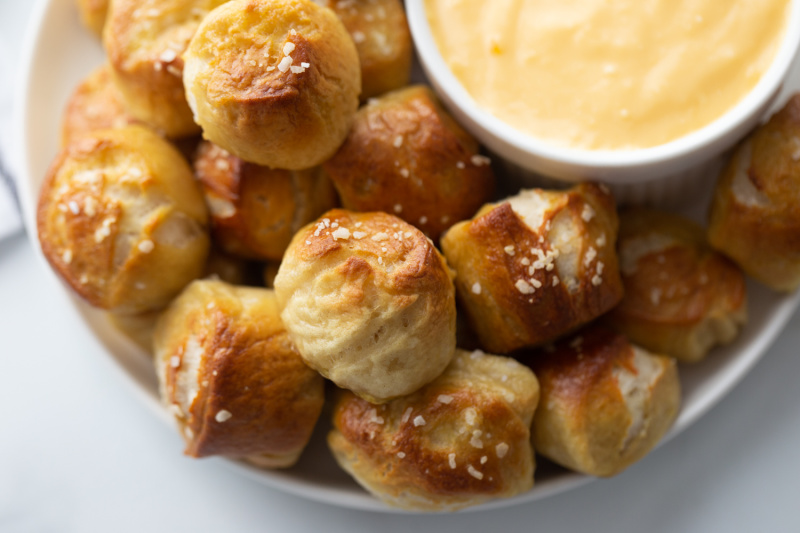 Biscuit Pretzel Bites with Hot Dogs and Nacho Cheese Dipping Sauce