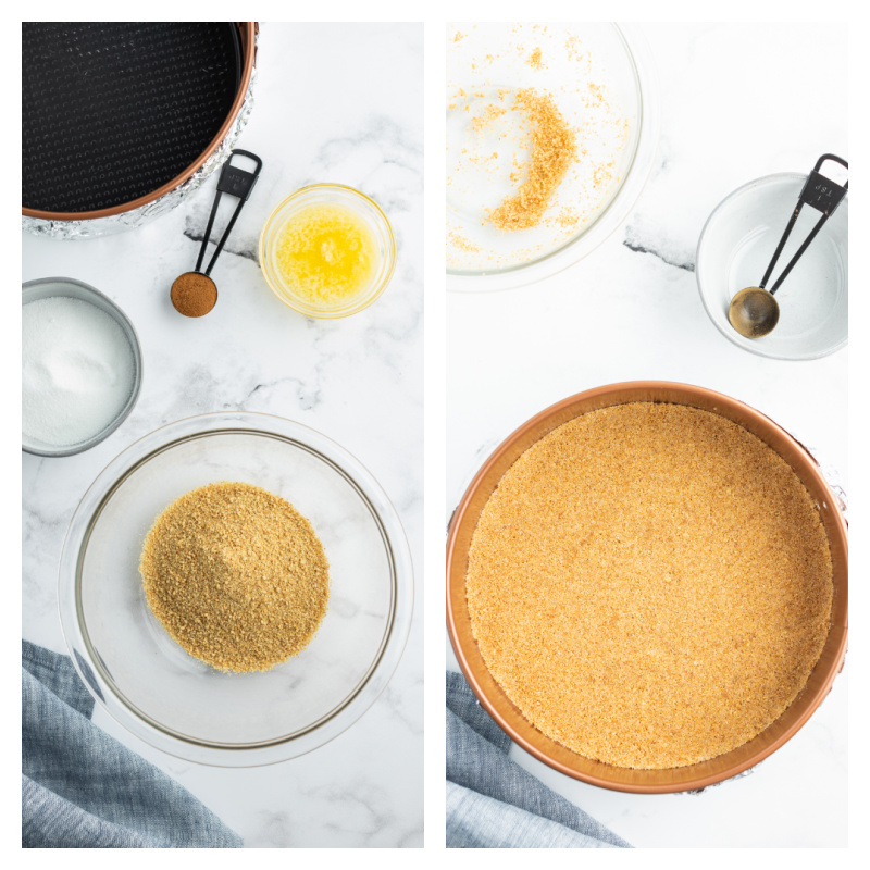 two photos showing ingredients for crust and then baked crust