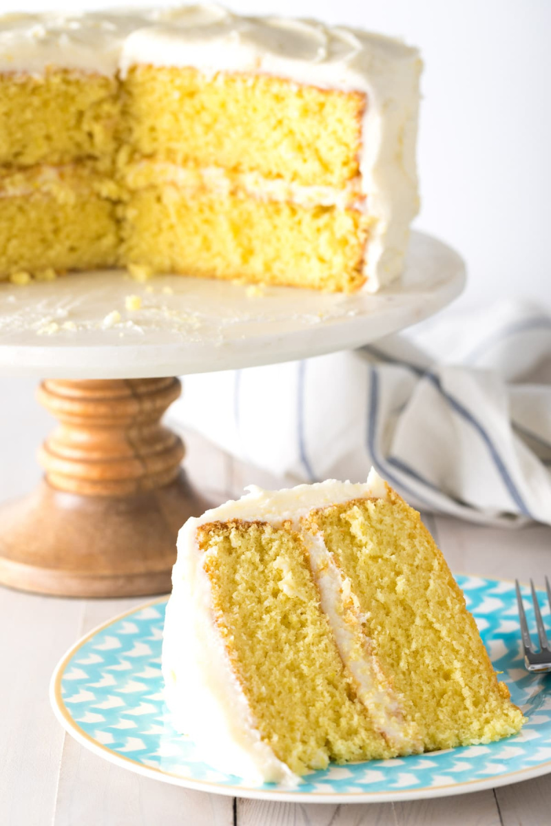 lemon cake with cake slice on plate