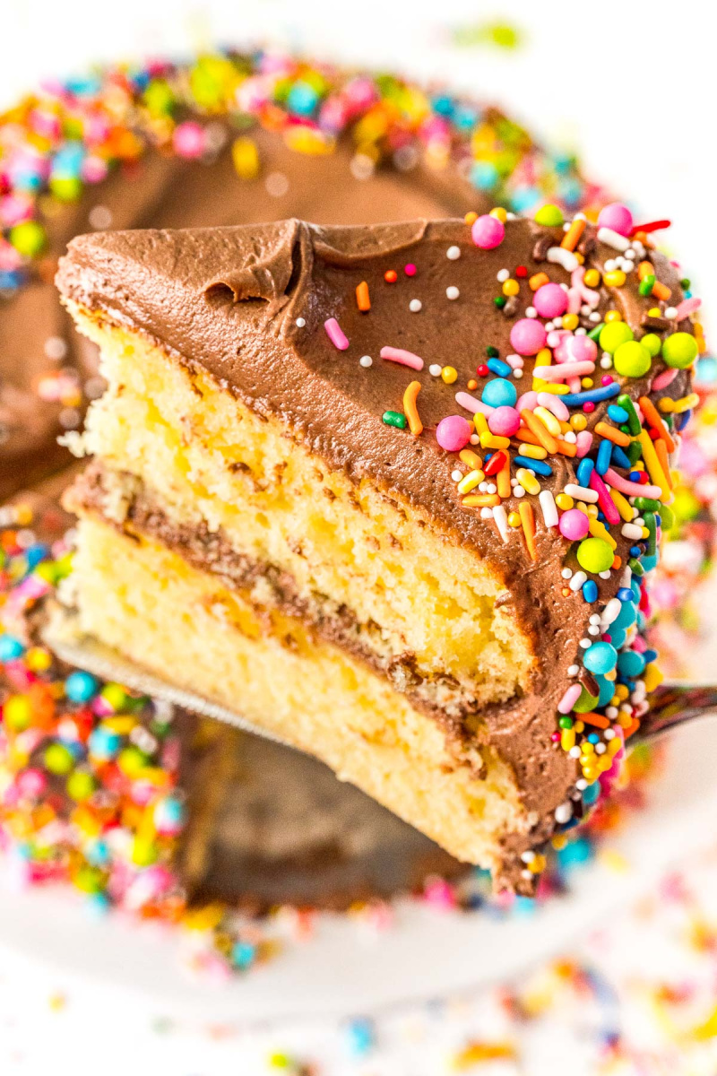 yellow cake with chocolate frosting slice