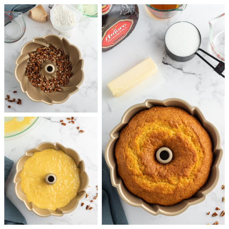 3 photos showing process of making bundt cake, pecans in pan, batter and then baked cake