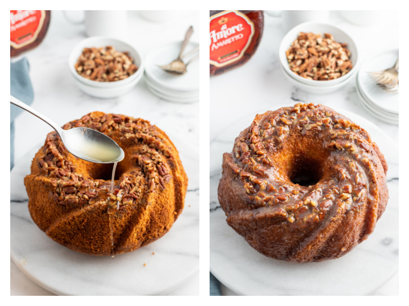 spooning glaze on amaretto bundt cake