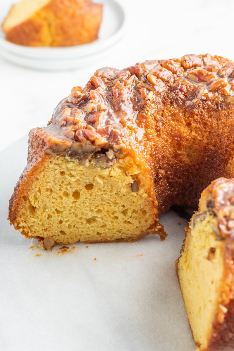 amaretto bundt cake cut open to see inside