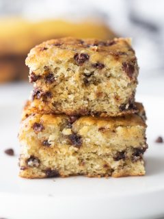 banana chocolate chip cake two slices stacked