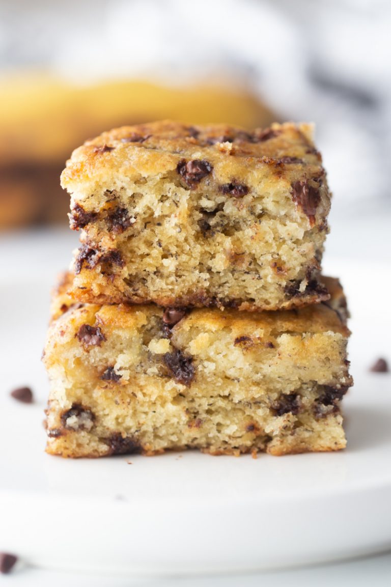 banana chocolate chip cake two slices stacked