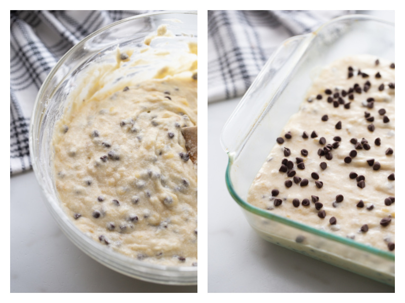 banana chocolate chip cake batter in bowl and then spread into pyrex pan