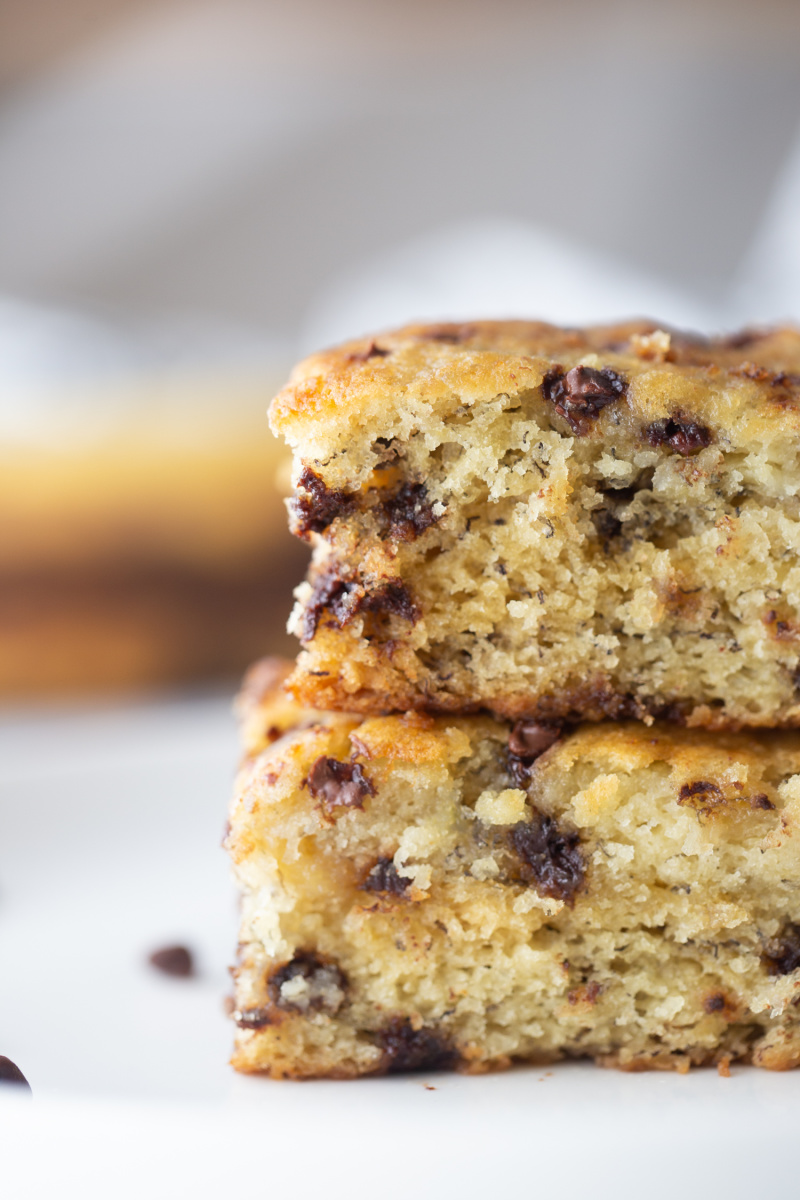 two pieces of banana chocolate chip snack cake stacked