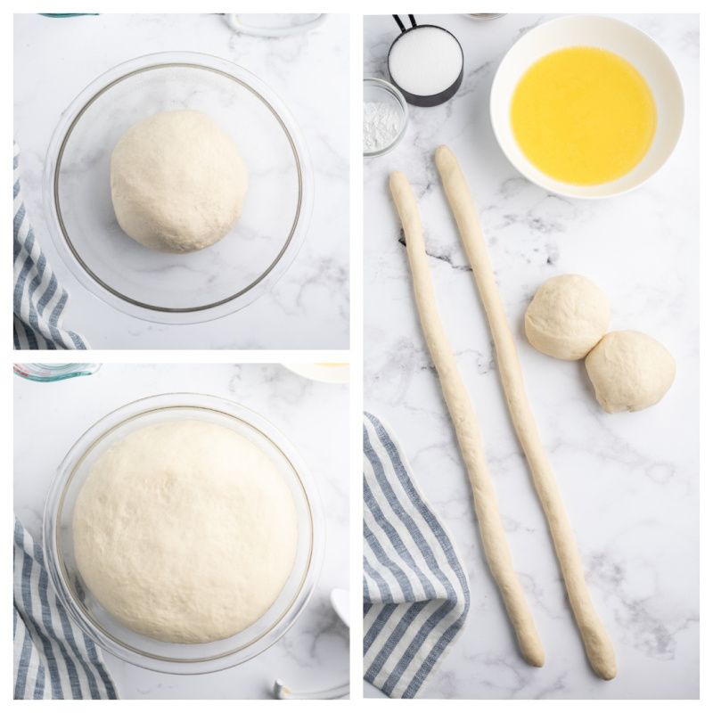 dough in bowl and another pic of risen dough in bowl and another picture of dough rolled into long ropes