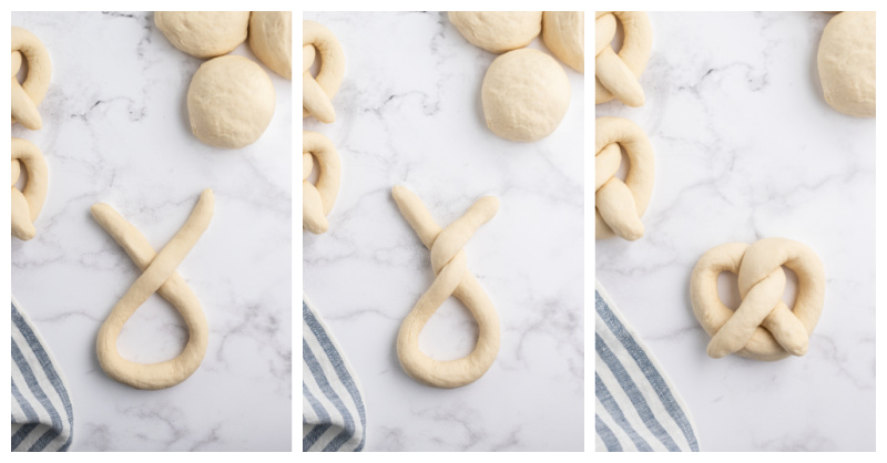 three photos showing process of how to shape a soft pretzel from dough