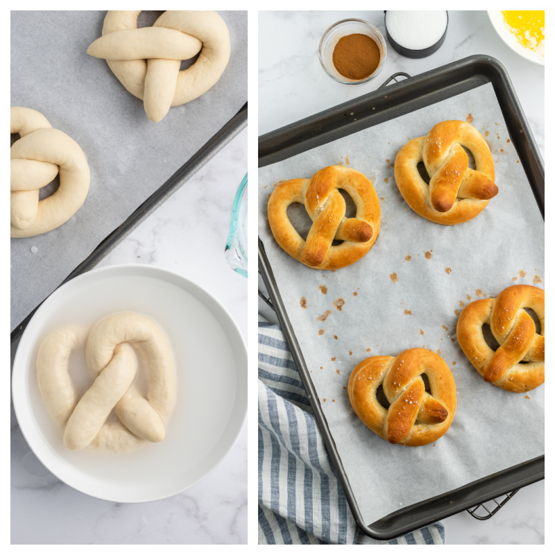 pretzels dipped in water and then on baking sheet