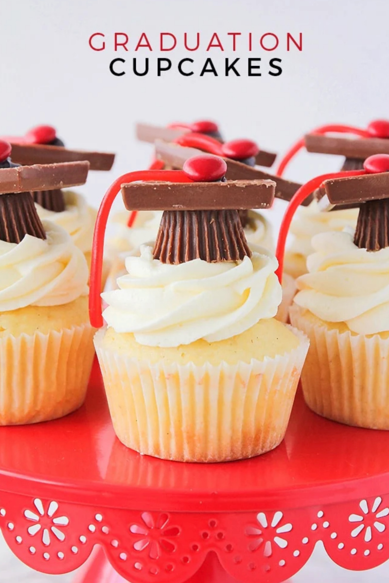 Graduation Hat Cupcakes on red cake stand