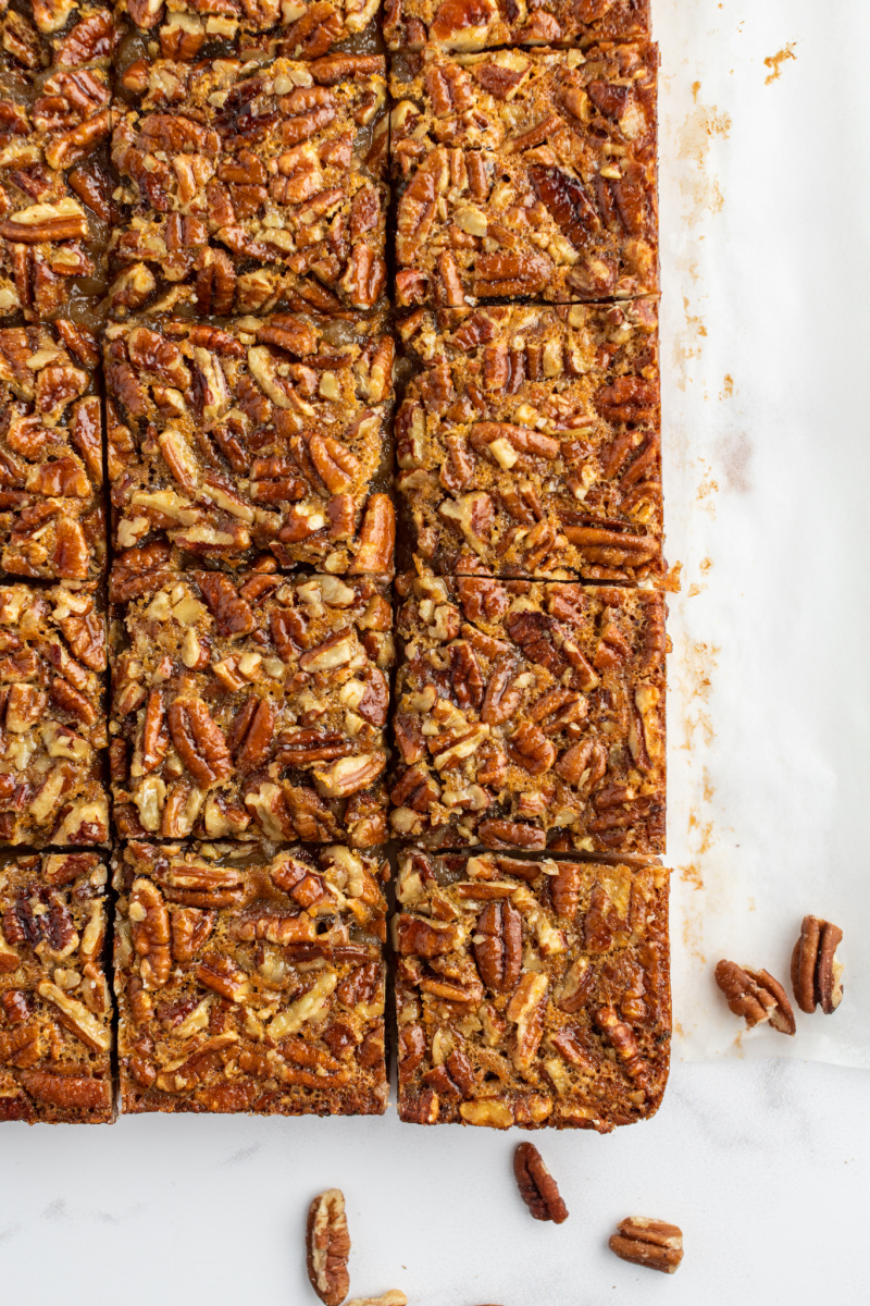 pecan pie bars cut into pieces