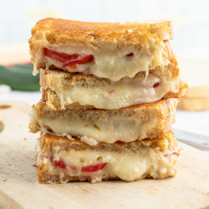 stacked slices of spicy tomato grilled cheese