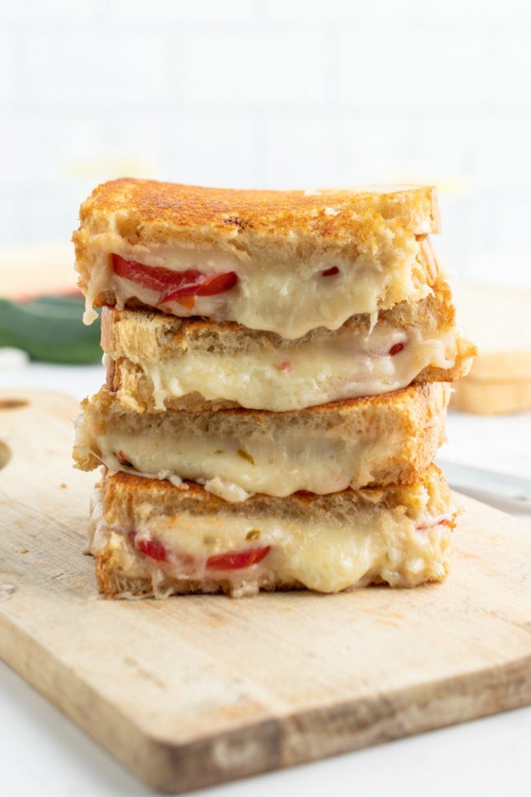 stacked slices of spicy tomato grilled cheese