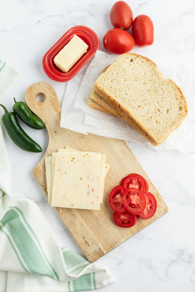 ingredients displayed for making spicy tomato grilled cheese