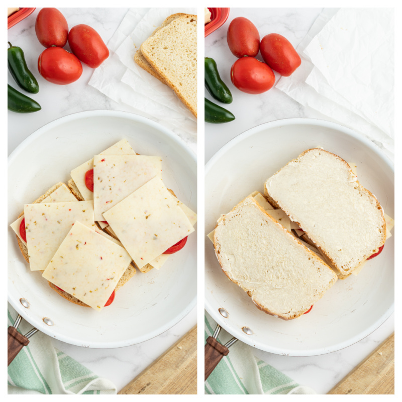 two photos showing process of assembling spicy tomato grilled cheese before cooking