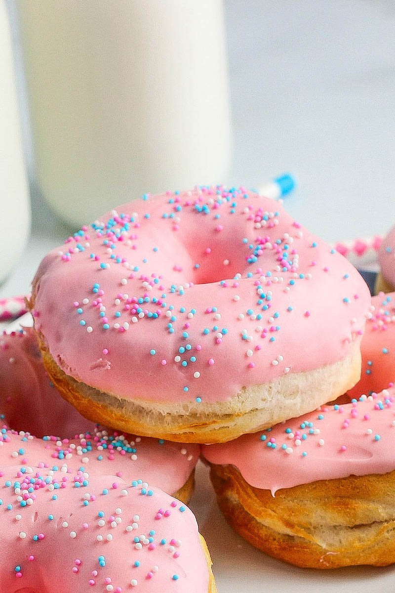 air fryer doughnuts with pink frosting