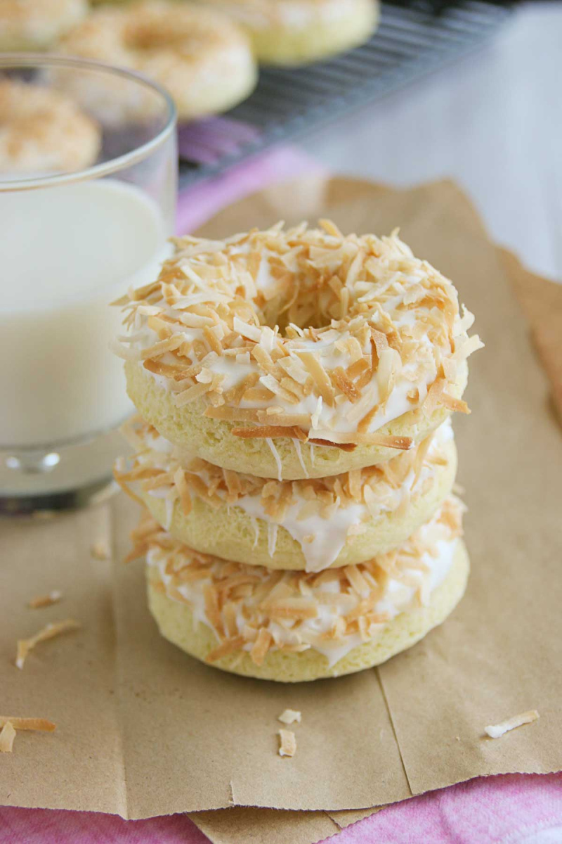 stack of baked coconut doughnuts