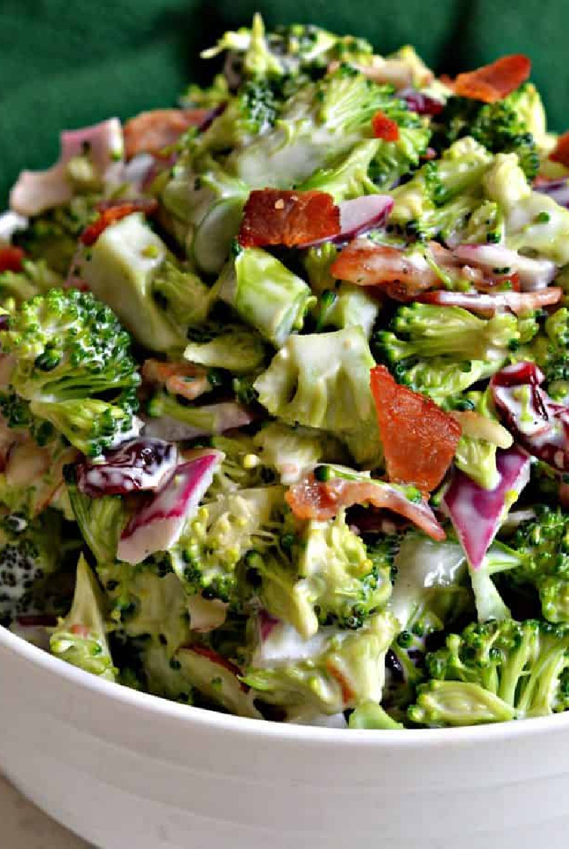 broccoli bacon salad in white bowl