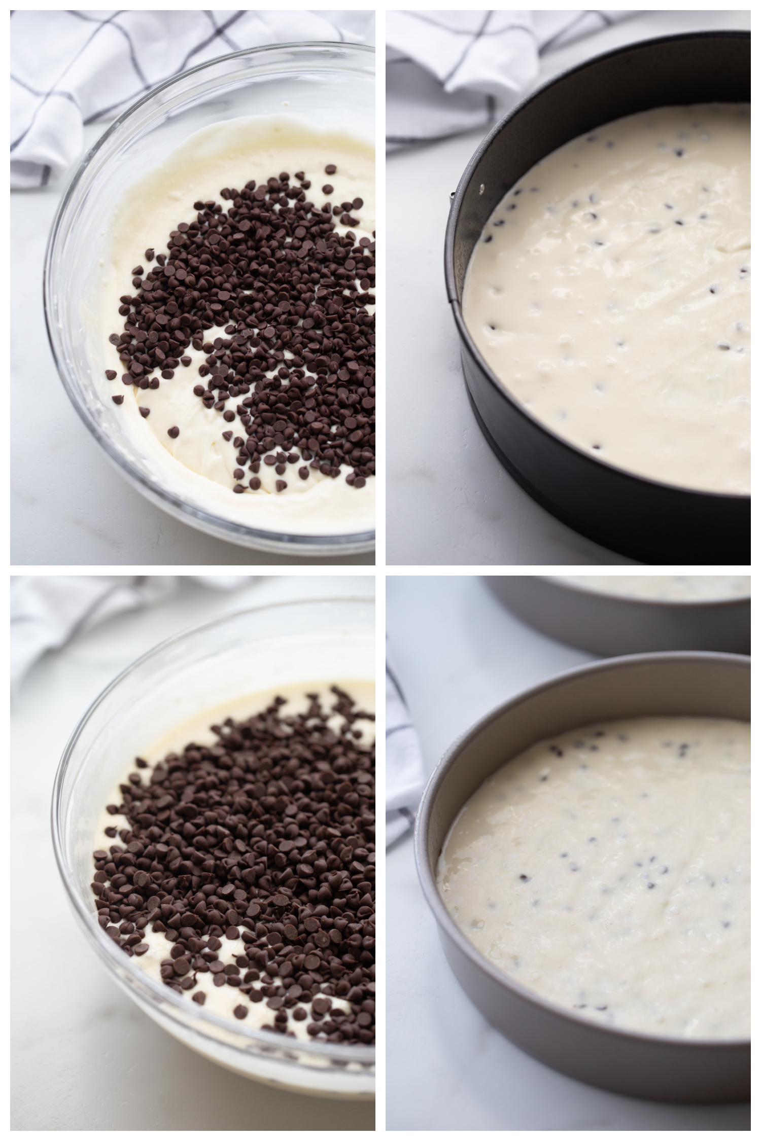 4 photos showing process of making cheesecake batter in bowl and then in springform pan and cake batter in bowl and then in pan