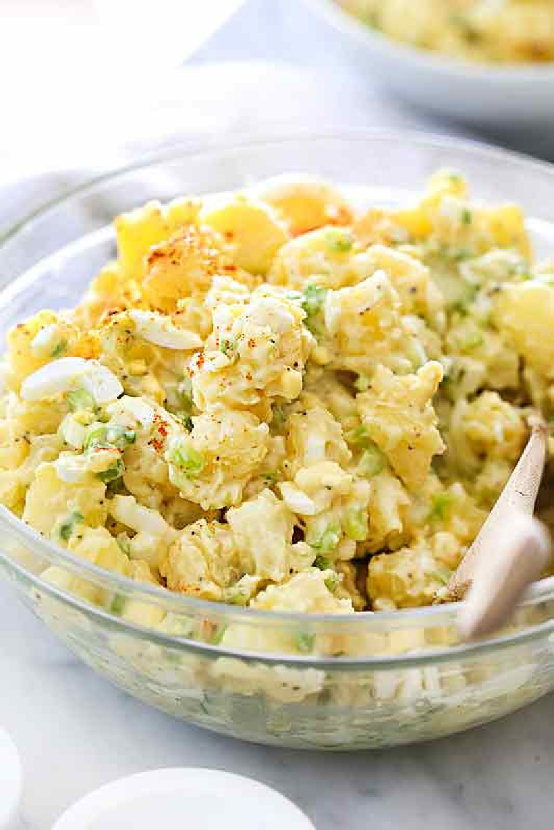 classic potato salad in glass bowl