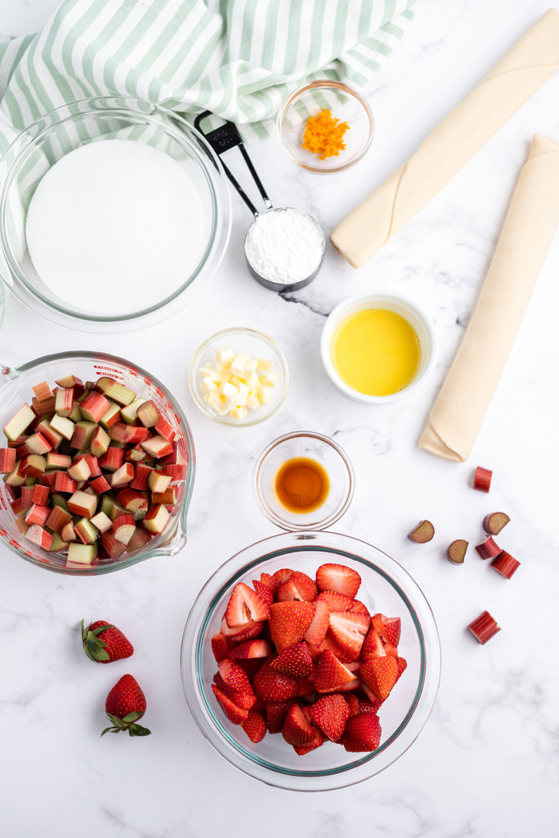 ingredients displayed for strawberry rhubarb pie