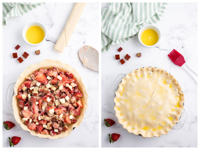 two photos showing process of making strawberry rhubarb pie one with filling and one with pie crust on top