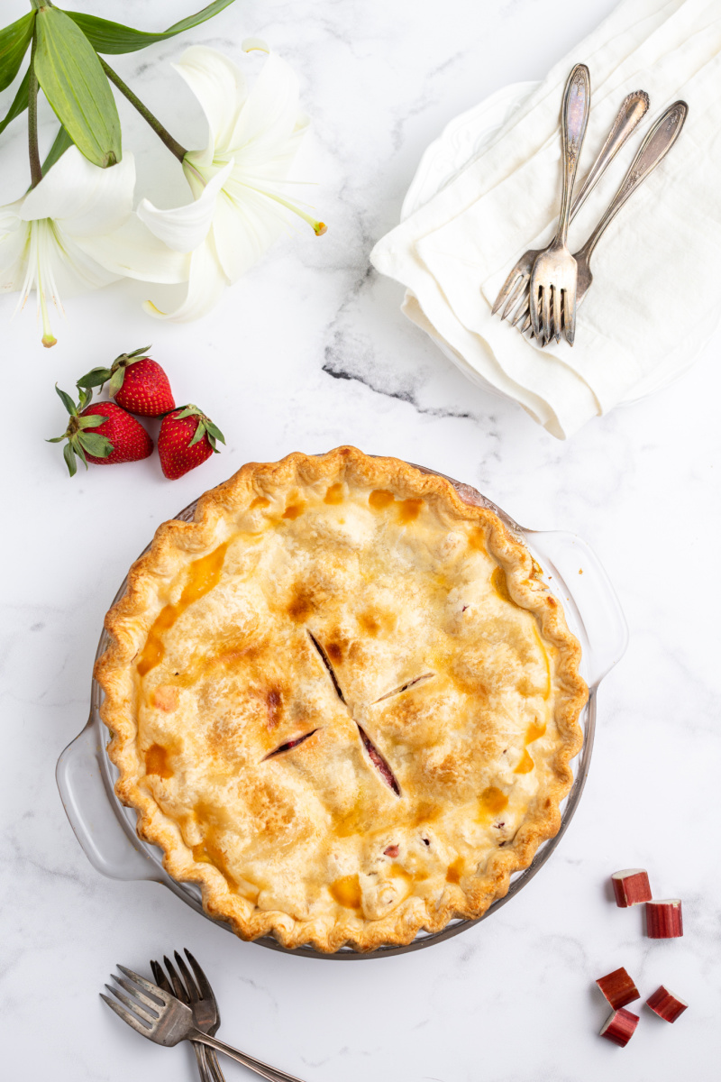 easy strawberry rhubarb pie just out of the oven