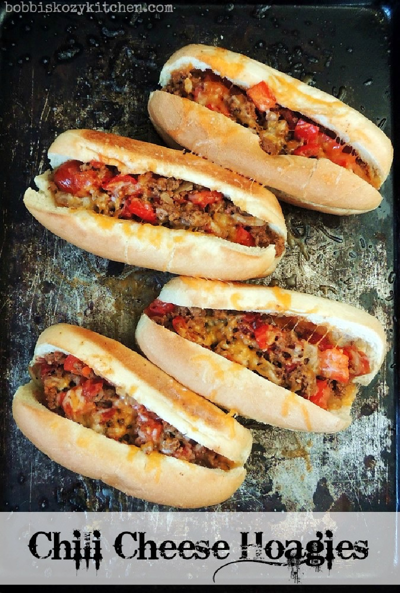 overhead shot of chili cheese hoagies displayed