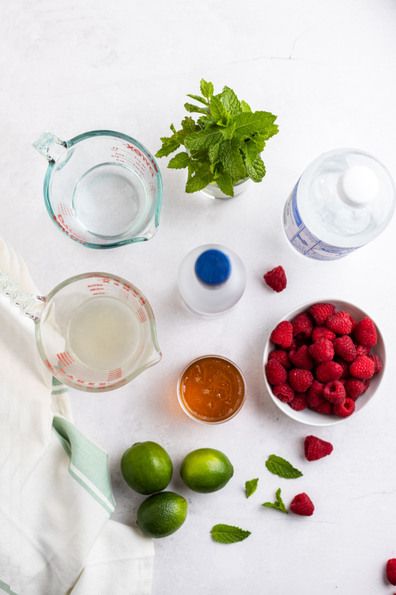 ingredients displayed for honey raspberry mojitos