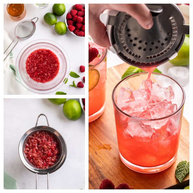 three photos showing process of making raspberry syrup for mojitos