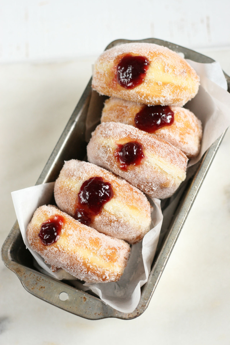 pan of jelly doughnuts