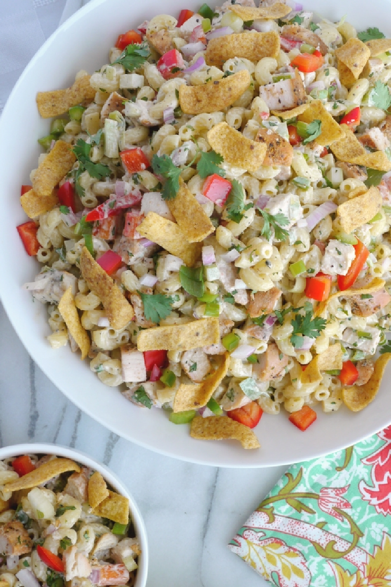 chicken macaroni salad in white bowl