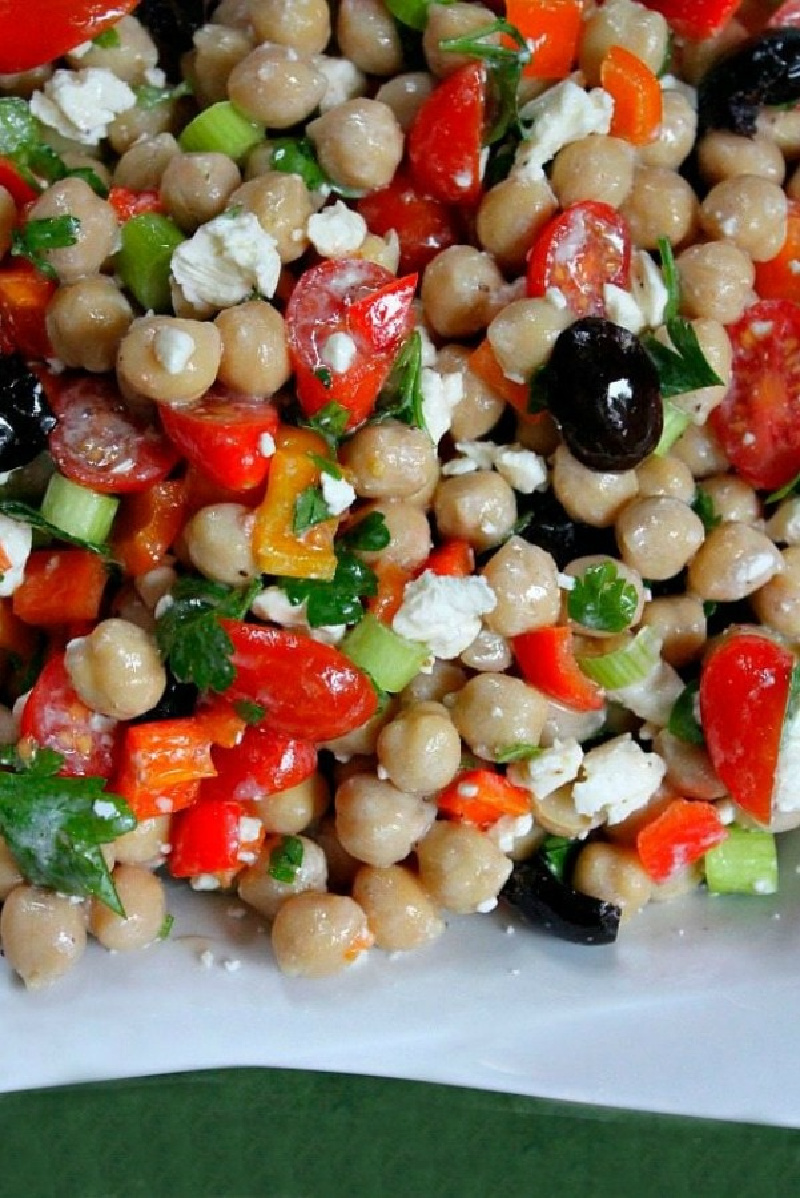 mediterranean chickpea salad in white bowl