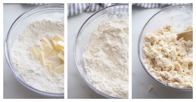 butter cut into flour and then biscuit dough in bowl