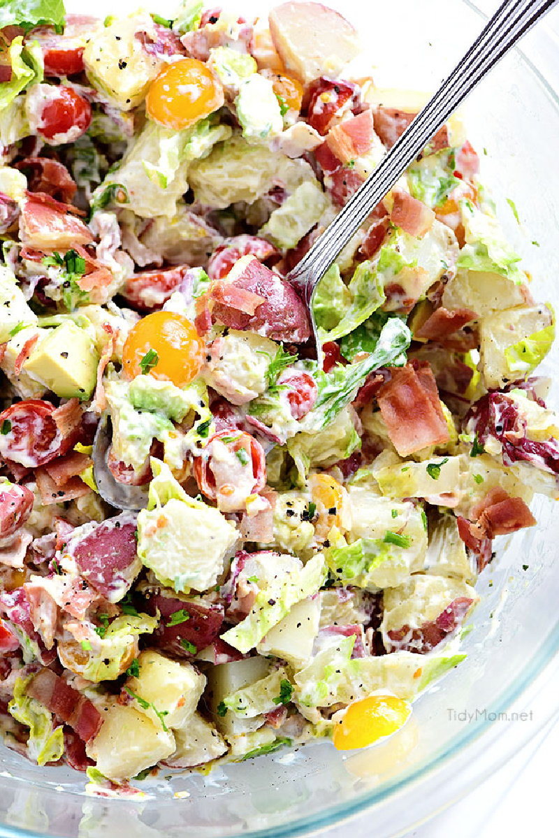 red potato salad in glass bowl