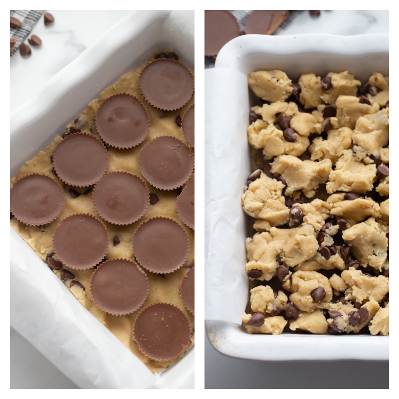 two photos showing process of making reeses stuffed chocolate chip cookie bars