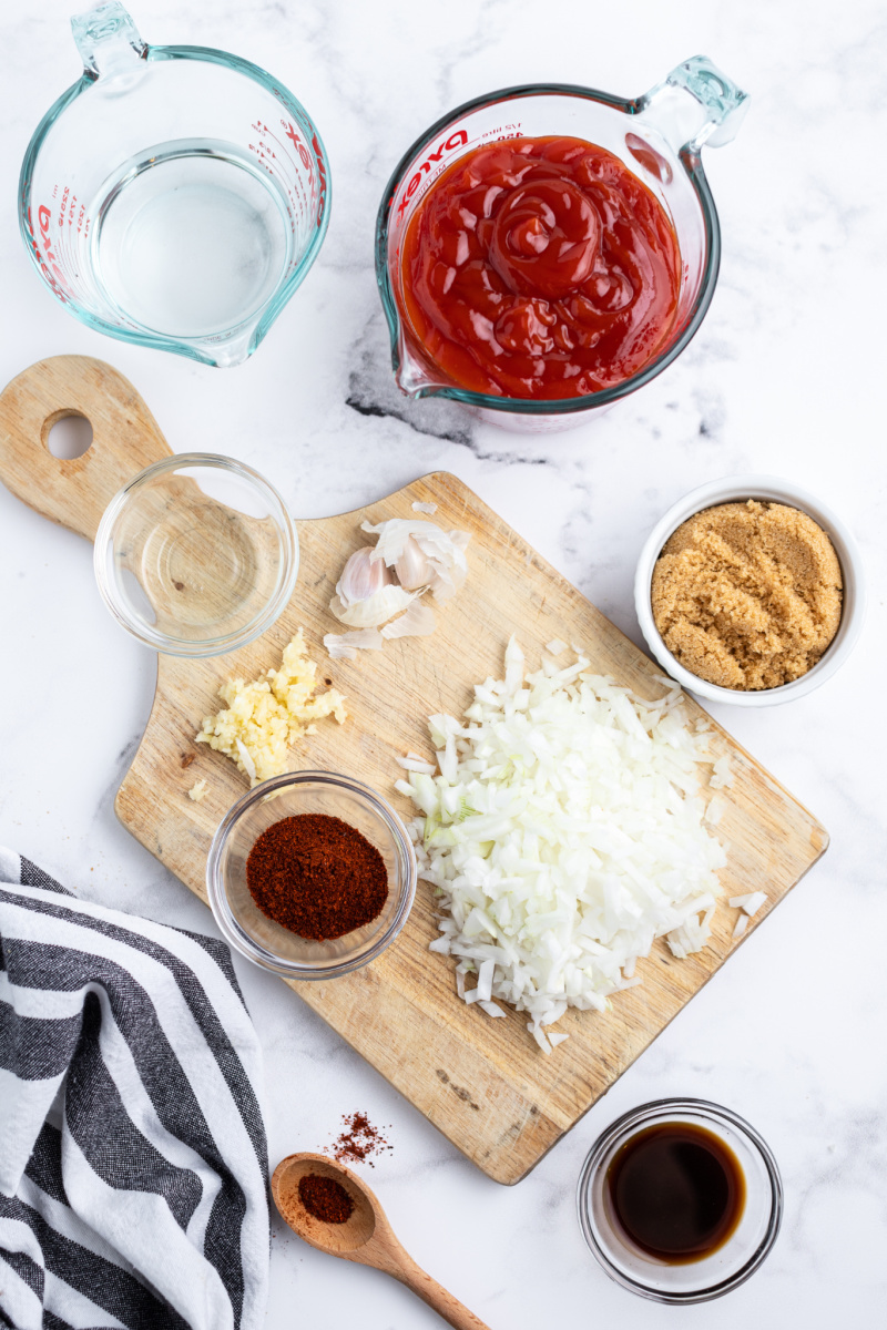 ingredients displayed for making sweet and smoky barbecue sauce